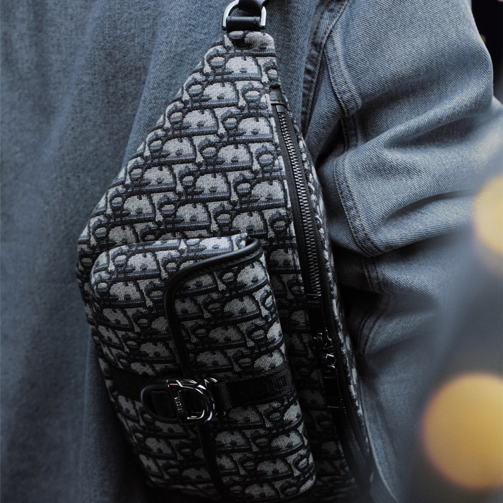 Black and Gray Crossbody Bag with Monogram Pattern
